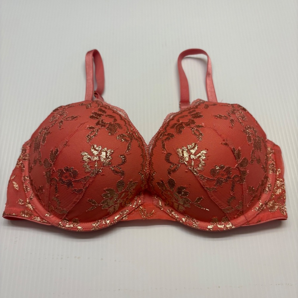 Victoria's Secret Dream Angels Push Up Bra Womens 34D Coral Pink Gold Lace
